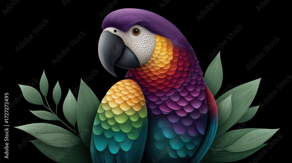 Fototapeta premium Playful illustration colorful parrot with layered rainbow feather texture perched among green tropical leaves black background joyful vibrant art
