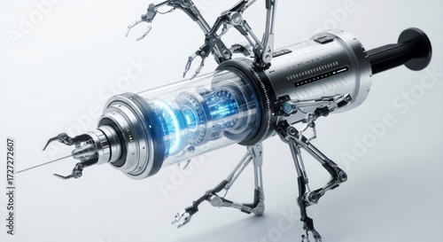 Futuristic Robotic Syringe On White Background with Mechanical Arms Detailed Design