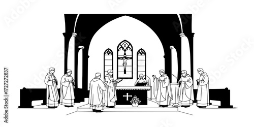 Catholic priest in mass ceremony in a church, black and white vector

