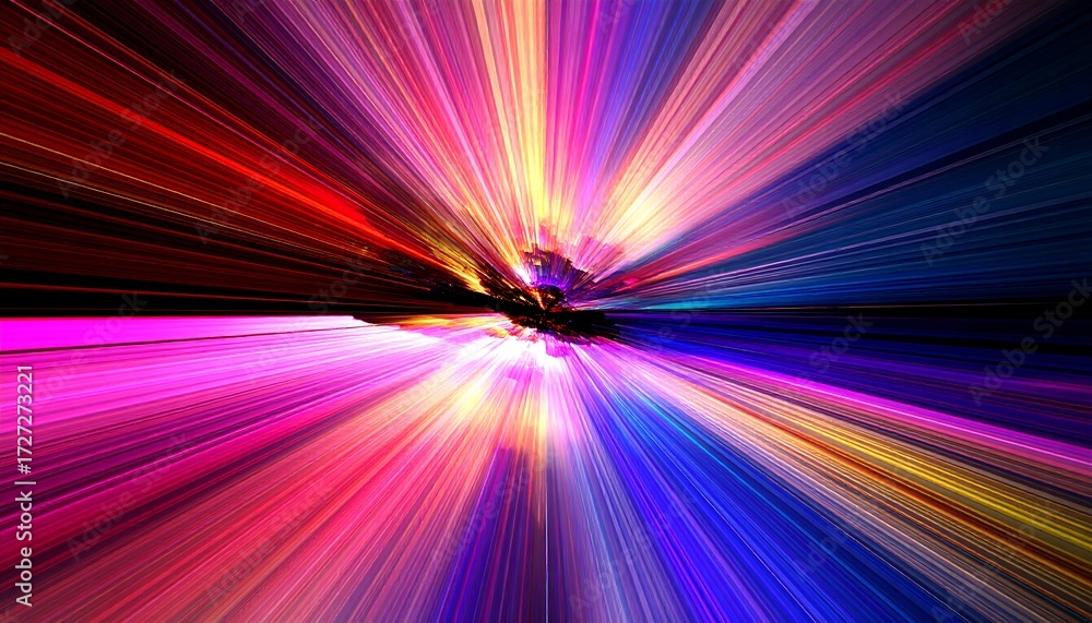 Obraz premium Vibrant, radiating light streaks converge at a dark central point, exploding outwards in a colorful, abstract burst