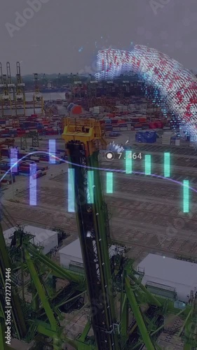 Animation of financial data processing over sea port and globe