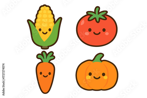 Cute cartoon vegetables and fruits featuring corn, tomato, carrot, and pumpkin in a playful design
