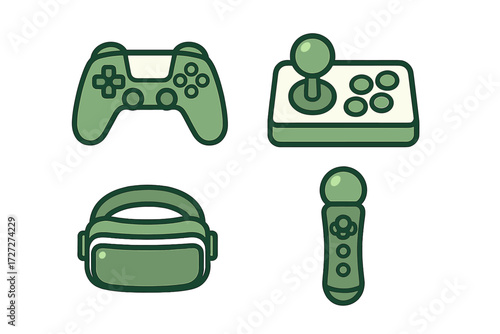 Gaming gear for interactive fun with controllers and virtual reality headset displayed on a plain background