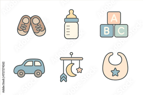 Baby essentials displayed including shoes, bottle, toys, and more in a playful layout for parents
