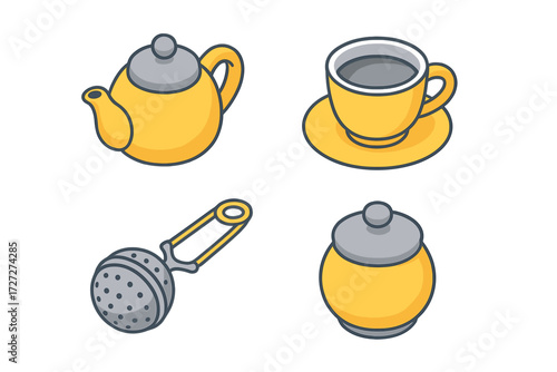 Yellow teapot, cup, infuser, and sugar bowl set for enjoying tea time at home