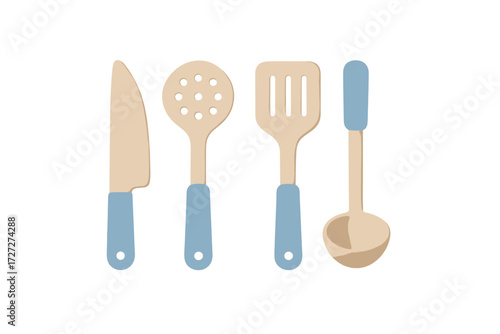Cooking utensils set featuring a knife, skimmer, spatula, and ladle in soft colors for kids and young chefs