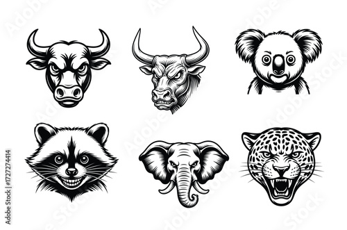 Wild animal heads of bull raccoon tiger and elephant art Vector illustration