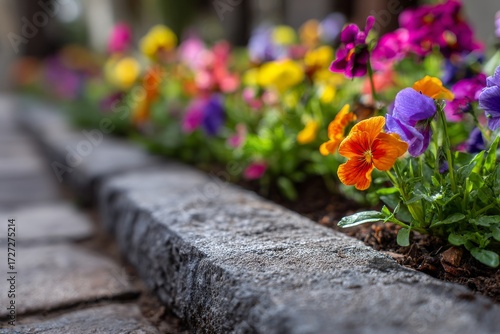 Beside pathways of light gravel or stones, dark flowers can be placed to create striking contrast underfoot that makes their colors stand out