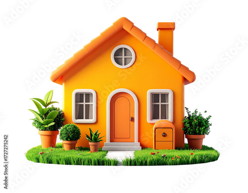 U3D Orange House Emoji with Garden Elements – Isolated PNG