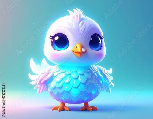 A cute, cartoonish bird with large eyes and colorful feathers stands against a soft gradient background, exuding a whimsical and cheerful vibe.