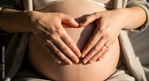 Loving hands of an expectant mother creating a heart shape on her bare pregnant belly, symbolizing the bond with her unborn child