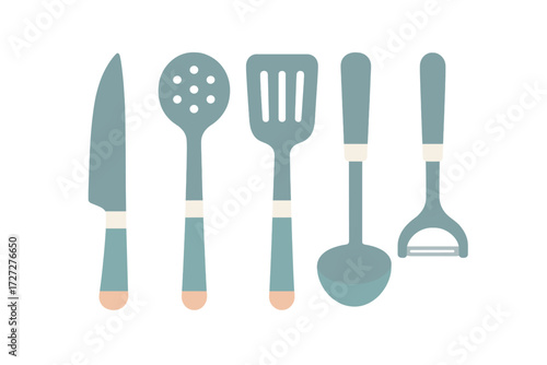 Essential kitchen utensils for cooking, featuring a knife, slotted spoon, spatula, peeler, and ladle in simple design