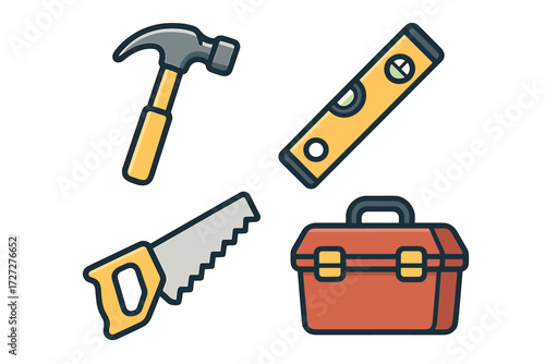 Various tools arranged neatly, showcasing a hammer, saw, level, and toolbox in bright colors for easy identification and use