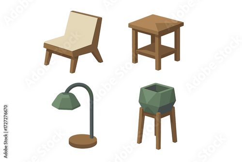 Modern furniture set featuring a chair, table, lamp, and planter in minimalistic style for home decor