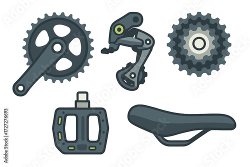 Bike parts including pedals, gear mechanism, chainring, and saddle arranged clearly on a white background
