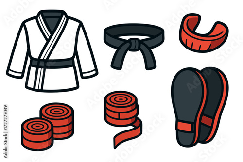 Karate equipment including gi, belt, and other training gear for martial arts practice