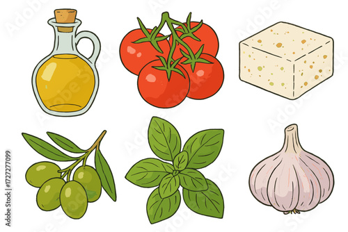 Ingredients for a fresh Mediterranean salad featuring olive oil, tomatoes, tofu, garlic, basil, and olives