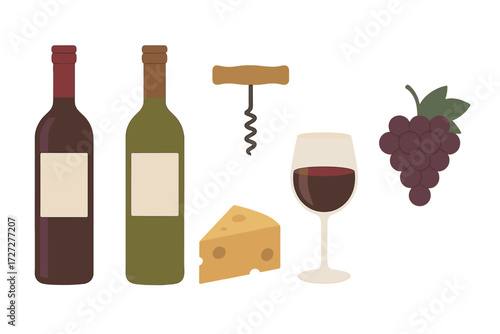 Wine and cheese pairing with bottles, glass, grapes, and corkscrew displayed in a simple layout