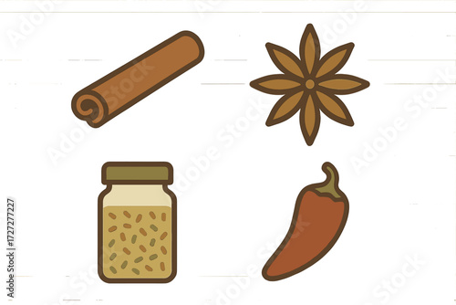 Spice elements showcasing cinnamon stick, star anise flower, jar of sesame seeds, and chili pepper on a plain background