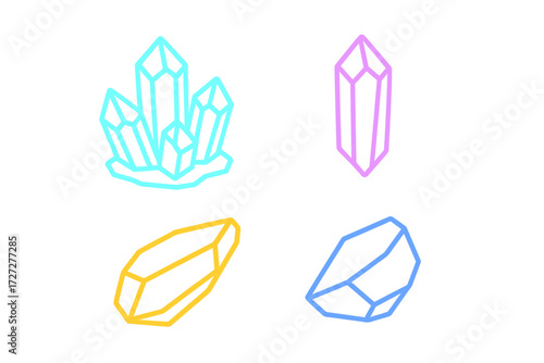 Colorful crystal outlines in various shapes with a simple background for artistic use