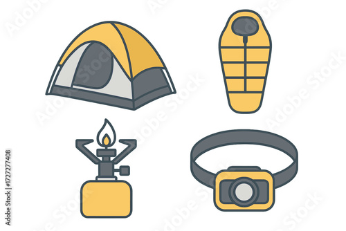 Camping gear essentials including tent, sleeping bag, stove, and headlamp for outdoor adventures