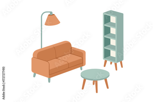 Cozy living room furniture arrangement featuring a modern couch, lamp, table, and shelf in soft colors