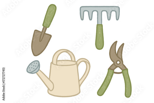 Gardening tools including watering can, trowel, rake, and pruner arranged on a light background