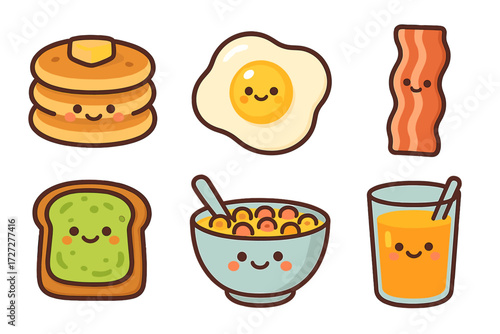 Delicious breakfast foods featuring pancakes, eggs, bacon, toast, cereal, and juice in a cheerful style