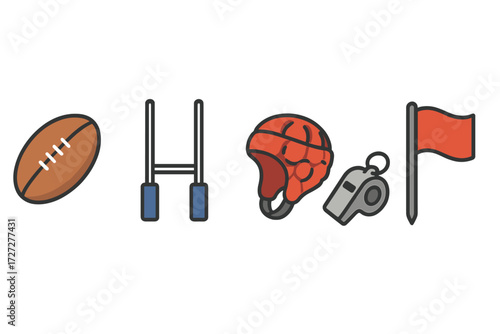 Sports equipment and symbols representing different athletic activities in a colorful layout