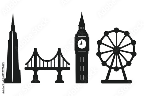 Silhouettes of famous landmarks including a skyscraper, bridge, clock tower, and Ferris wheel
