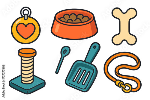 Various pet supplies including food bowl, toys, and leash for caring pet owners