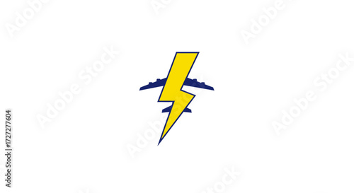 Dynamic airplane silhouette piercing through a vibrant yellow lightning bolt, symbolizing speed, power, and aviation innovation