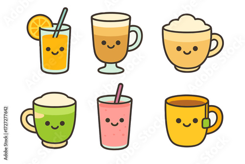 Colorful cartoon drinks with happy faces, served in various glasses, perfect for summer parties or playful gatherings