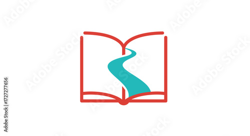 Discover your next adventure, a flowing river through an open book symbolizes endless learning, exploration, and the journey of knowledge