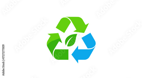Vibrant green and blue recycling symbol with a fresh leaf, representing sustainability, eco-friendly practices, and environmental conservation for a greener future.