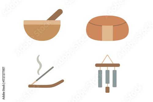 Decorative items including a bowl, cushion, incense holder, and wind chime perfect for meditation or relaxation spaces
