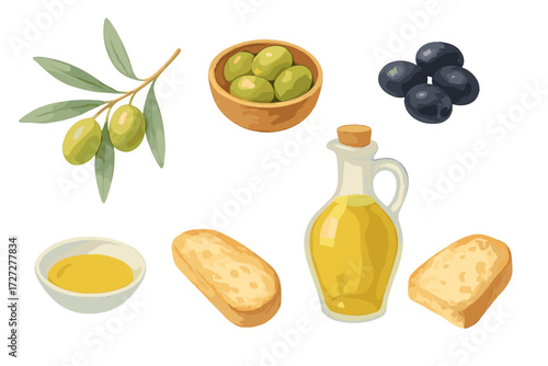Olives, oil, and bread arranged on a white background showcasing Mediterranean flavors in a natural setting