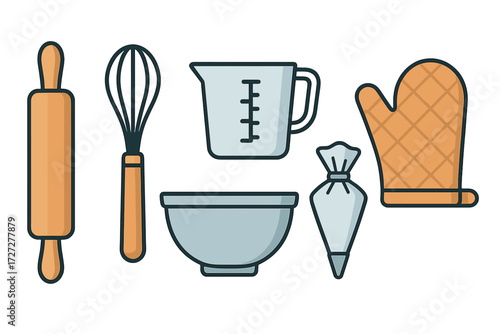 Essential baking tools arranged on a kitchen countertop ready for culinary activities