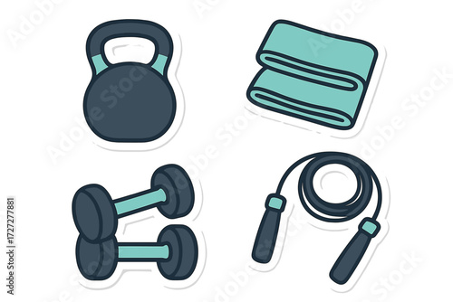 Fitness equipment including kettlebell, resistance bands, dumbbells, and jump rope arranged for home workouts and training sessions