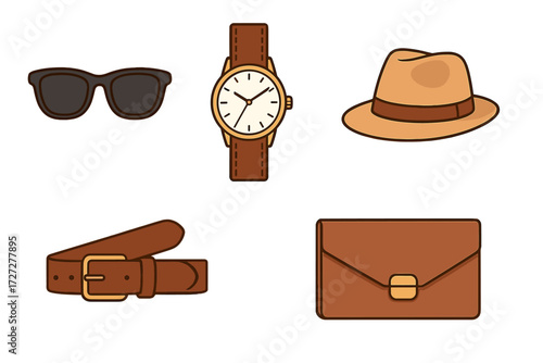 Fashion accessories including sunglasses, watch, hat, belt, and bag for stylish outfits