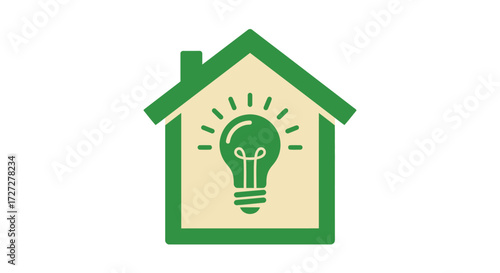 Bright idea for your home energy efficiency with a glowing light bulb inside a green house outline, symbolizing innovation and sustainability in residential living