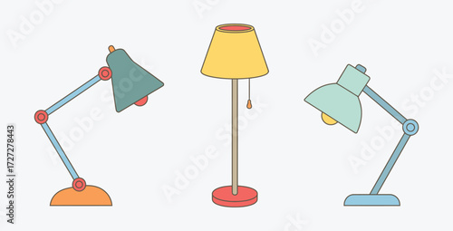 Colorful lamp illustration of different styles with table and floor lamps