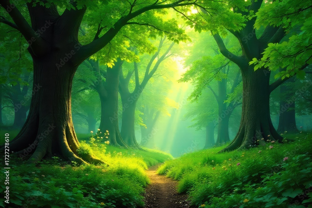 Naklejka premium Sun-Dappled Serenity Lush Green Forest Scene, Ancient Trees, Peaceful Woodland Atmosphere, Ideal for Nature Projects