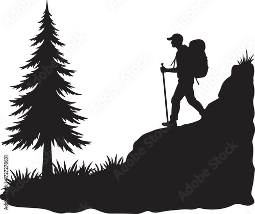 Silhouette of hiker with backpack and trekking pole on rocky terrain near pine tree