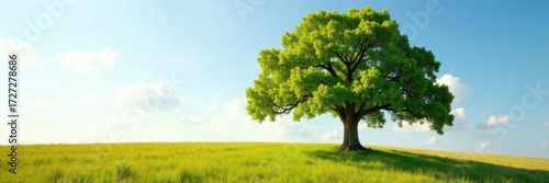 Ancient oak in full summer leaf, stands alone in open field, vibrant, strong