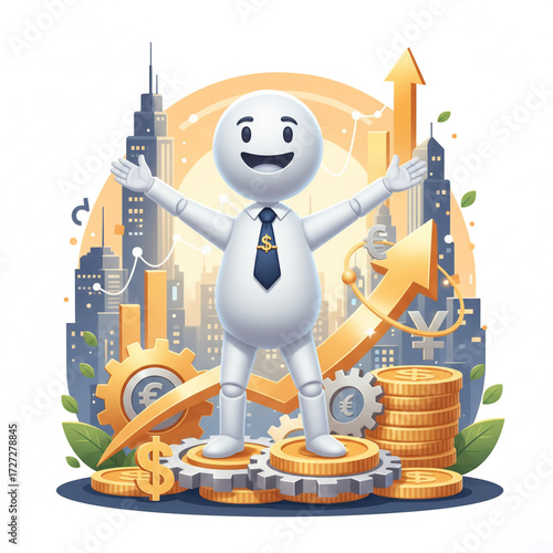3D Business Character with Dollar Tie Standing on Coins and Gears, Finance and Investment Growth Concept