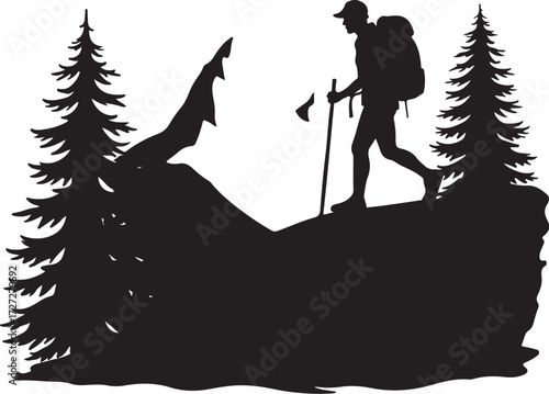 Silhouette of hiker with backpack and trekking poles on mountain