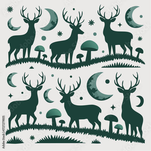 enchanted forest pattern of stags moons and toadstools on watercolor grain background in emerald and ivory