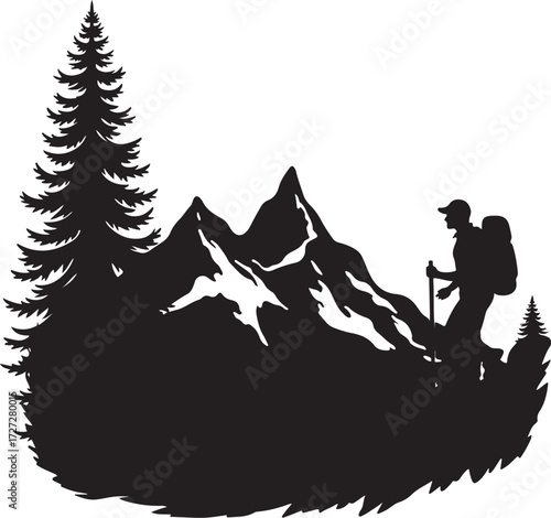 Silhouette of hiker with backpack and trekking poles on mountain landscape