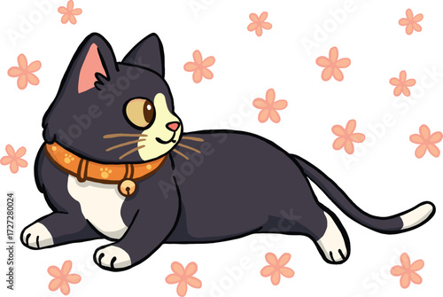Vector file ready to use. black cute cat sits on the floor, sitting looking at something. Looks very relaxed. vector art for designer, graphics design, printing, advertising, Fabric printing, Package